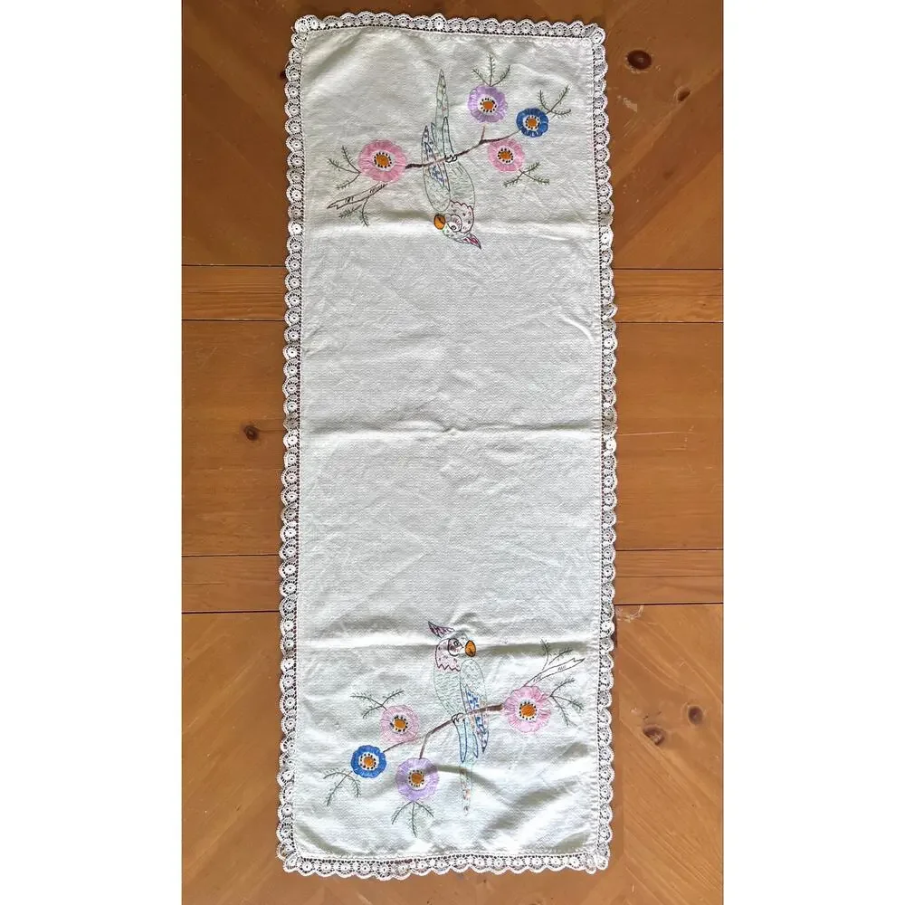 Vintage Embroidered Table Runner Vanity / Dresser Scarf Parrot Floral Lace Trim